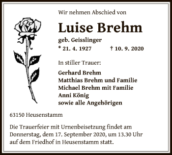 Traueranzeige von Luise Brehm von OF