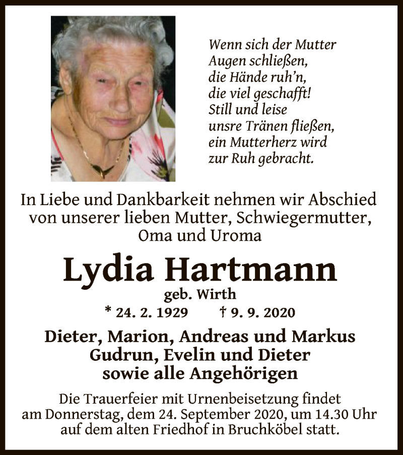 Traueranzeigen von Lydia Hartmann | trauer.op-online.de