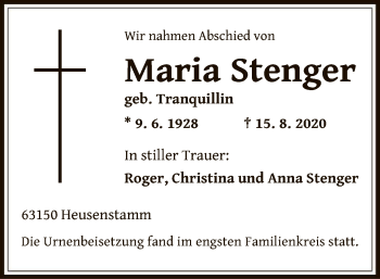 Traueranzeige von Maria Stenger von OF