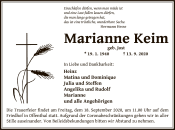 Traueranzeige von Marianne Keim von OF