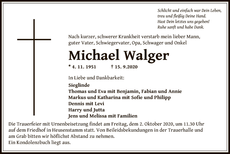  Traueranzeige für Michael Walger vom 30.09.2020 aus OF