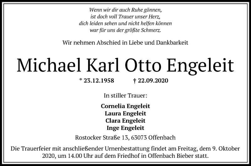  Traueranzeige für Michael Karl Otto Engeleit vom 26.09.2020 aus OF