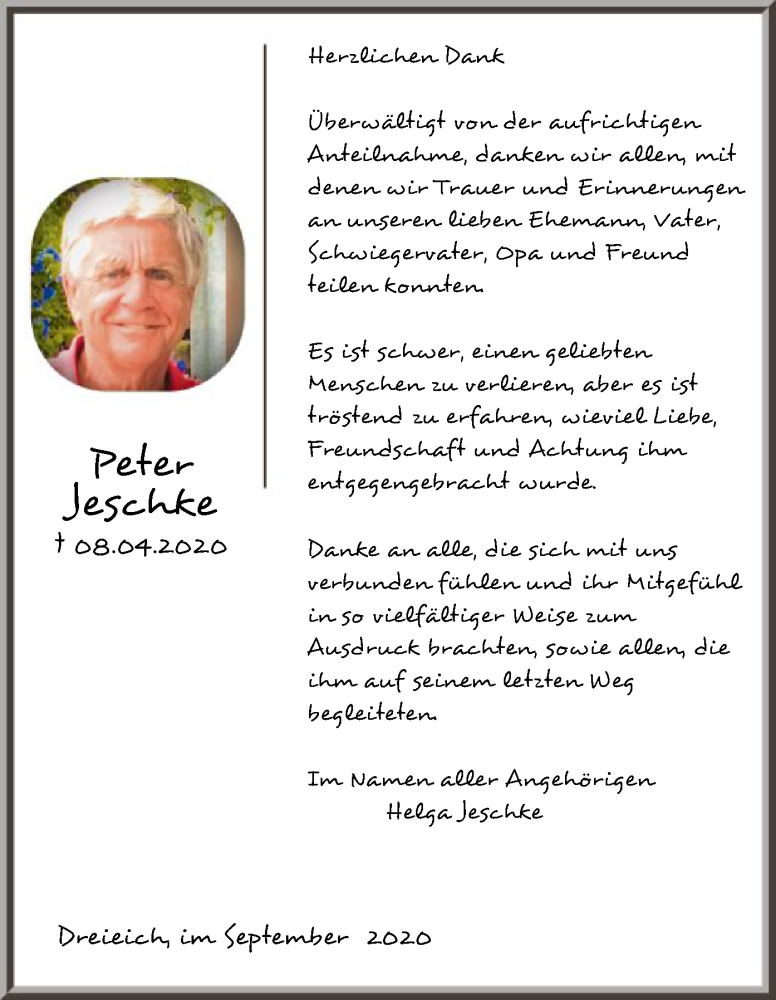  Traueranzeige für Peter Jeschke vom 10.09.2020 aus OF
