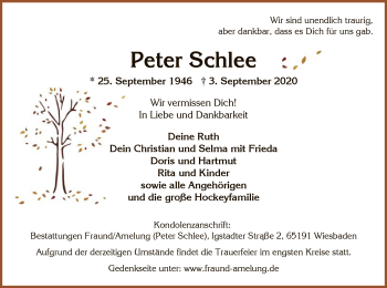 Traueranzeige von Peter Schlee von OF