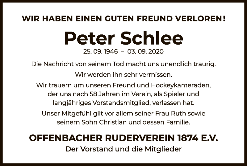  Traueranzeige für Peter Schlee vom 12.09.2020 aus OF