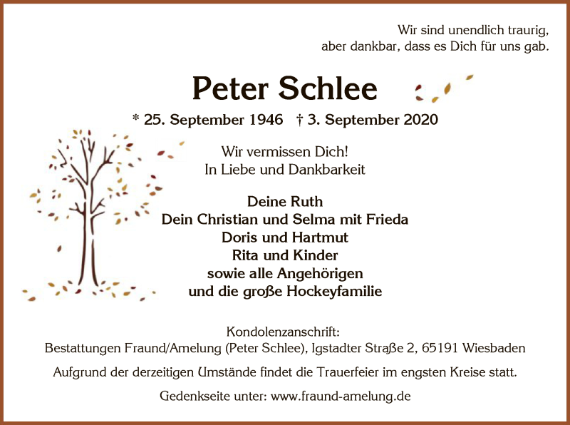  Traueranzeige für Peter Schlee vom 12.09.2020 aus OF