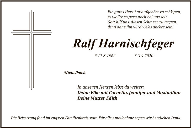  Traueranzeige für Ralf Harnischfeger vom 18.09.2020 aus OF