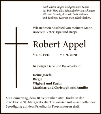 Traueranzeige von Robert Appel von OF