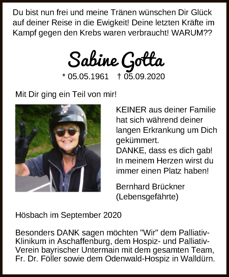  Traueranzeige für Sabine Gotta vom 17.09.2020 aus OF