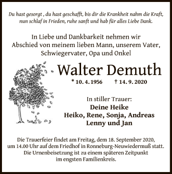 Traueranzeige von Walter Demuth von OF