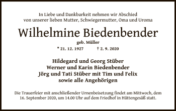 Traueranzeige von Wilhelmine Biedenbender von OF