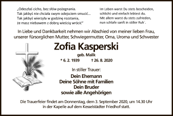 Traueranzeige von Zofia Kasperski von OF