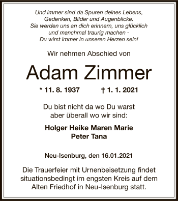 Traueranzeige von Adam Zimmer von OF