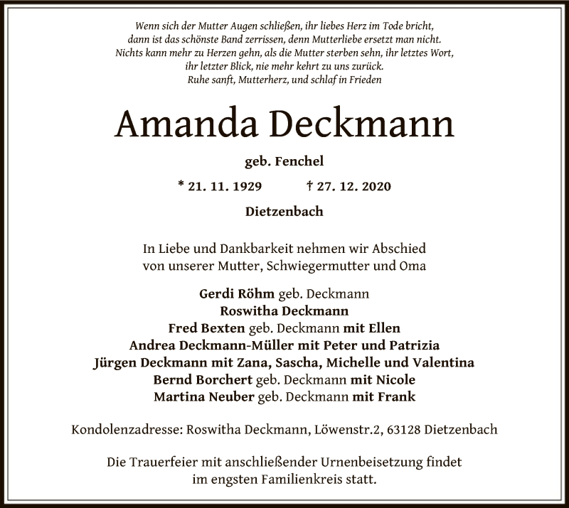  Traueranzeige für Amanda Deckmann vom 09.01.2021 aus OF