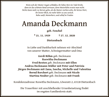 Traueranzeige von Amanda Deckmann von OF