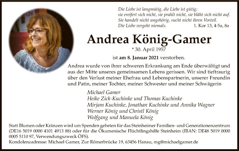  Traueranzeige für Andrea König-Gamer vom 16.01.2021 aus OF