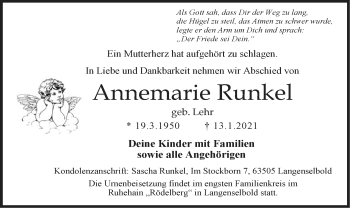 Traueranzeige von Annemarie Runkel von OF