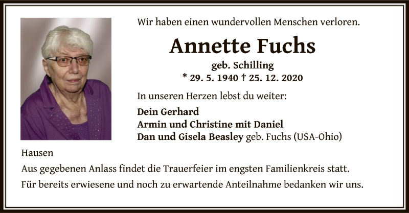  Traueranzeige für Annette Fuchs vom 02.01.2021 aus OF