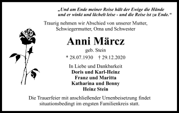 Traueranzeige von Anni Märcz von OF