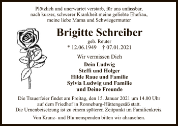 Traueranzeige von Brigitte Schreiber von OF