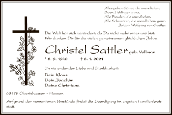 Traueranzeige von Christel Sattler von OF