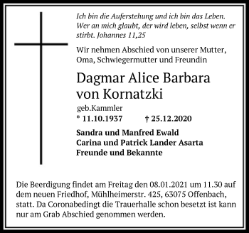 Traueranzeige von Dagmar Alice Barbara von Kornatzki von OF