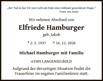 Traueranzeige von Elfriede Hamburger von OF