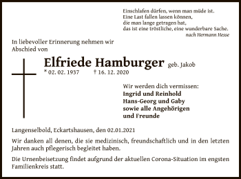 Traueranzeige von Elfriede Hamburger von OF