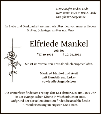 Traueranzeige von Elfriede Mankel von OF