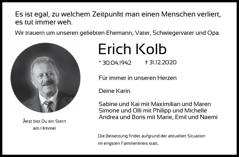  Traueranzeige für Erich Kolb vom 09.01.2021 aus OF