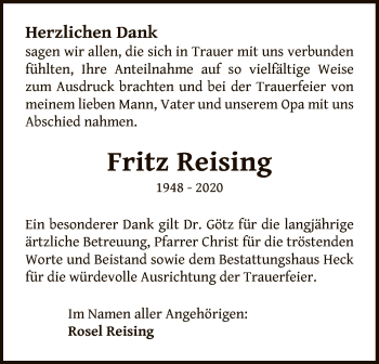 Traueranzeige von Fritz Reising von OF