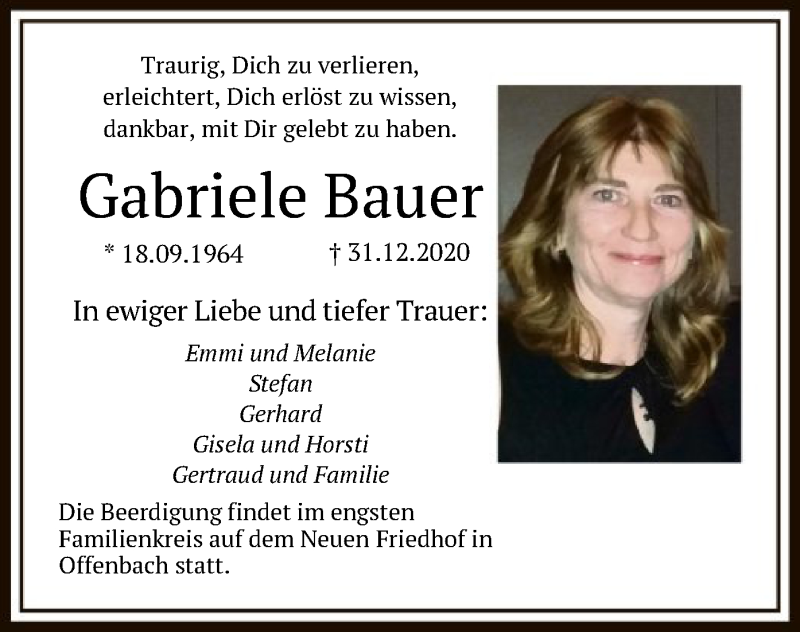  Traueranzeige für Gabriele Bauer vom 08.01.2021 aus OF