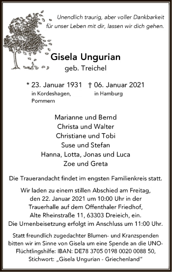 Traueranzeige von Gisela Ungurian von OF