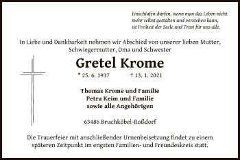 Traueranzeige von Gretel Krome von OF