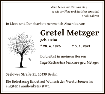 Traueranzeige von Gretel Metzger von OF