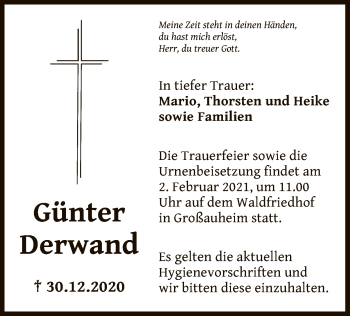 Traueranzeige von Günter Derwand von OF