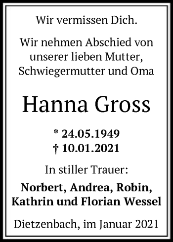 Traueranzeige von Hanna Gross von OF