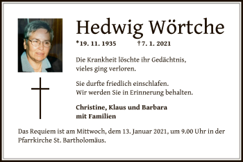 Traueranzeige von Hedwig Wörtche von OF