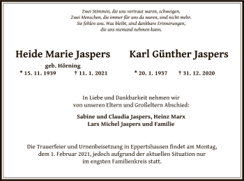 Traueranzeige von Heide Marie und Karl Günther Jaspers von OF