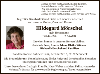 Traueranzeige von Hildegard Mörschel von OF