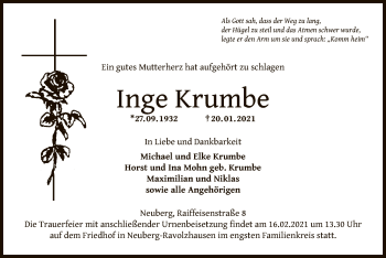 Traueranzeige von Inge Krumbe von OF