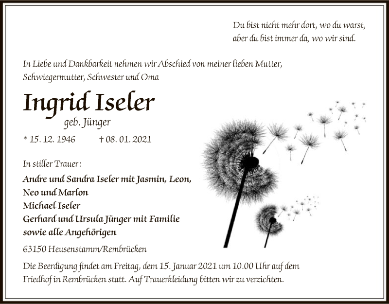  Traueranzeige für Ingrid Iseler vom 13.01.2021 aus OF