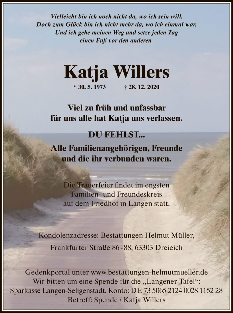  Traueranzeige für Katja Willers vom 09.01.2021 aus OF