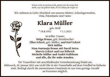 Traueranzeige von Klara Müller von OF