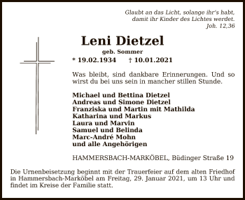 Traueranzeige von Leni Dietzel von OF