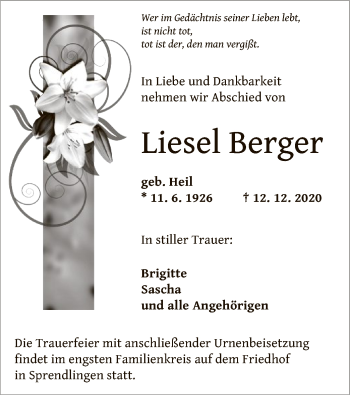 Traueranzeige von Liesel Berger von OF