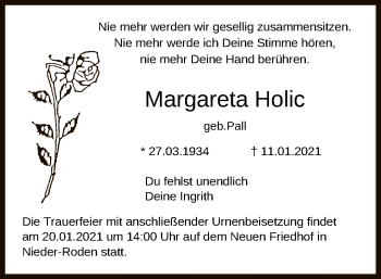 Traueranzeige von Margareta Holic von OF