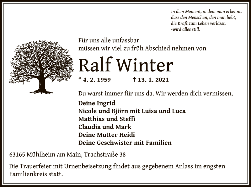  Traueranzeige für Ralf Winter vom 23.01.2021 aus OF