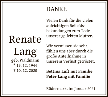 Traueranzeige von Renate Lang von OF