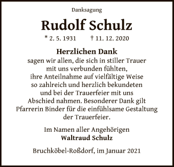 Traueranzeige von Rudolf Schulz von OF